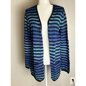 Jones New York Cardigan Sweater Large Blue/Black Striped Knit Long Sleeve